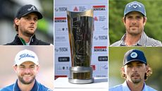 (top left) Thomas Pieters, (bottom left) Laurie Canter smiles, (centre) the Soudal Open trophy, (top right) Nacho Elvira and (bottom right) Marco Penge