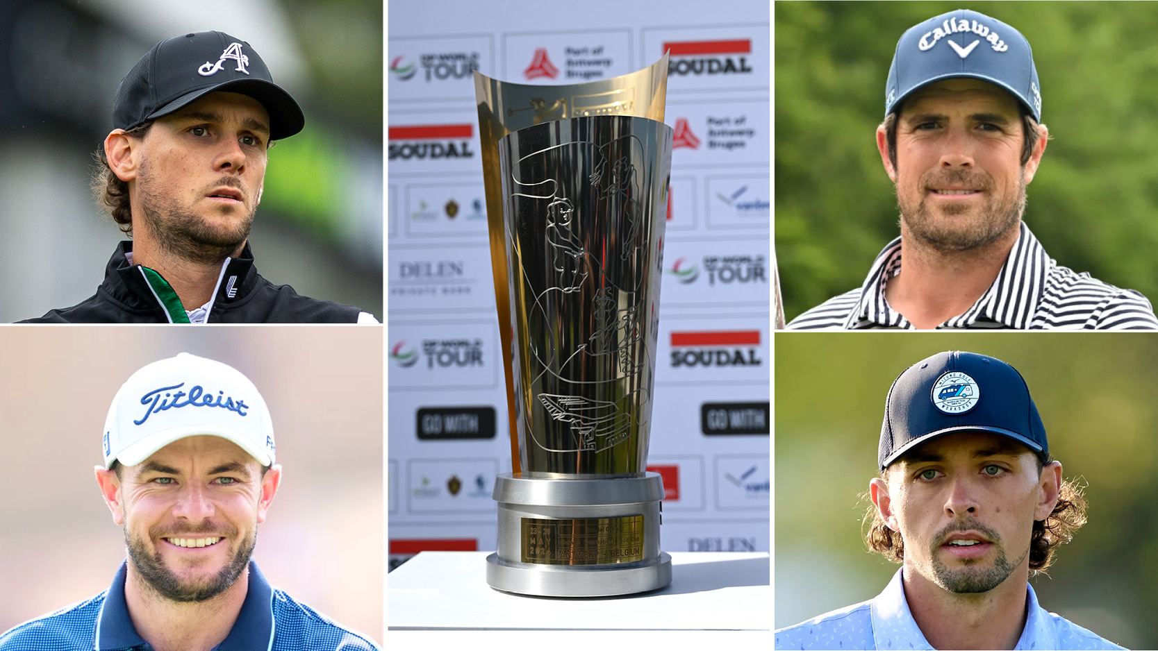 (top left) Thomas Pieters, (bottom left) Laurie Canter smiles, (centre) the Soudal Open trophy, (top right) Nacho Elvira and (bottom right) Marco Penge