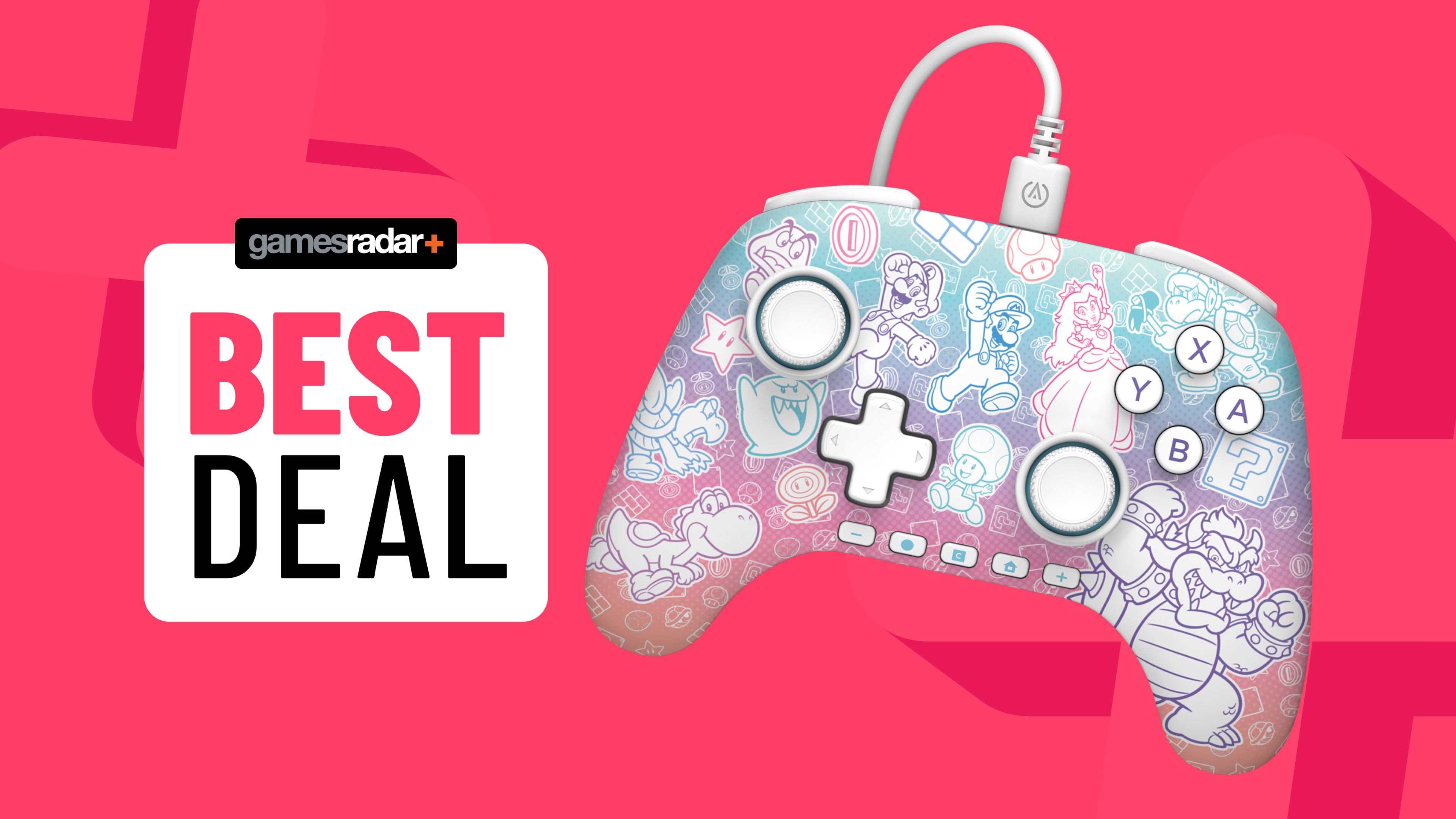 PowerA Advantage Nintendo Switch 2 controller in Mushroom Kingdom colorway on a pink background with best deal badge