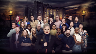 Host Siobhán McSweeney with the cast of The Traitors Ireland season 1, superimposed on Slane Castle