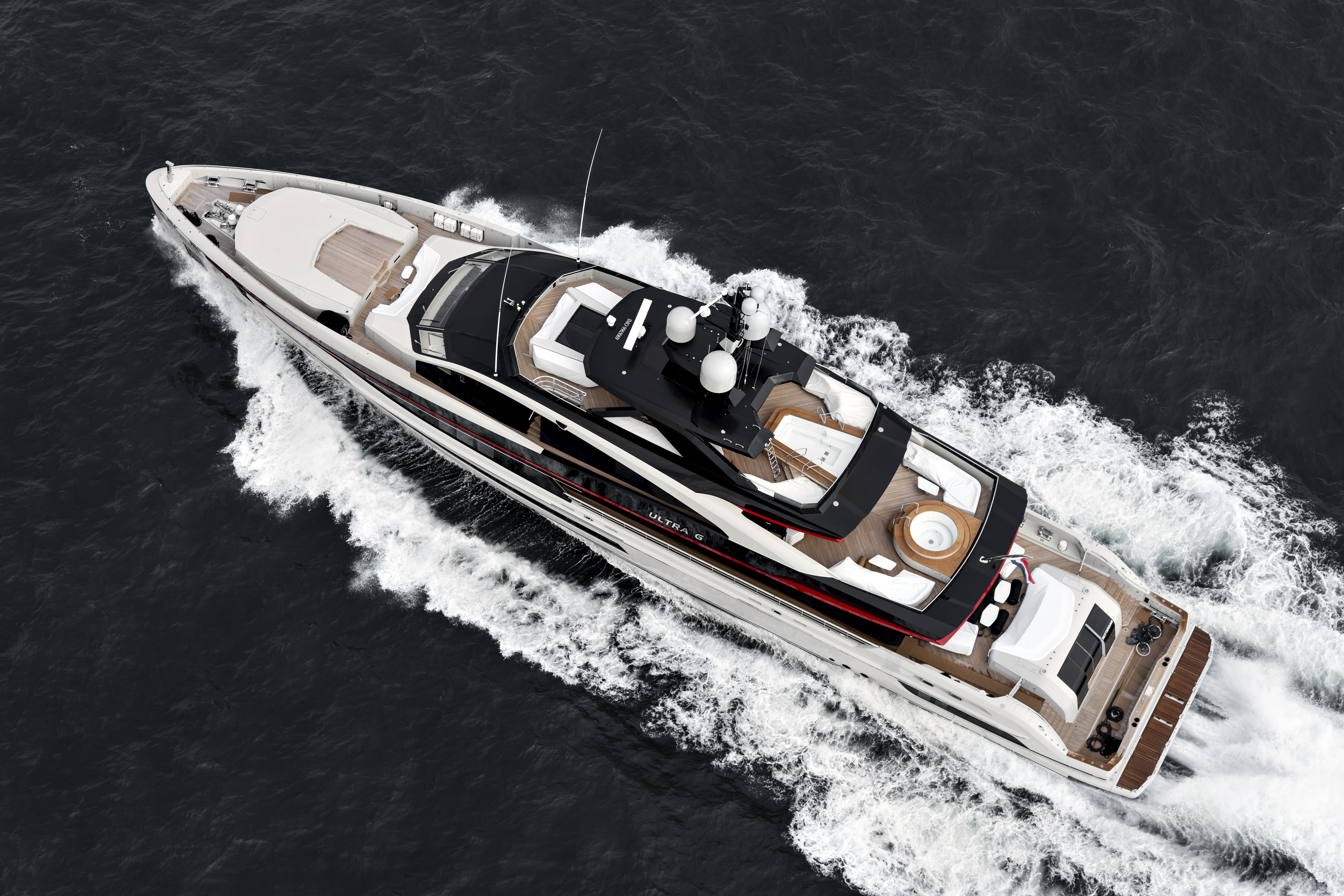 Aerial view of a large motor boat