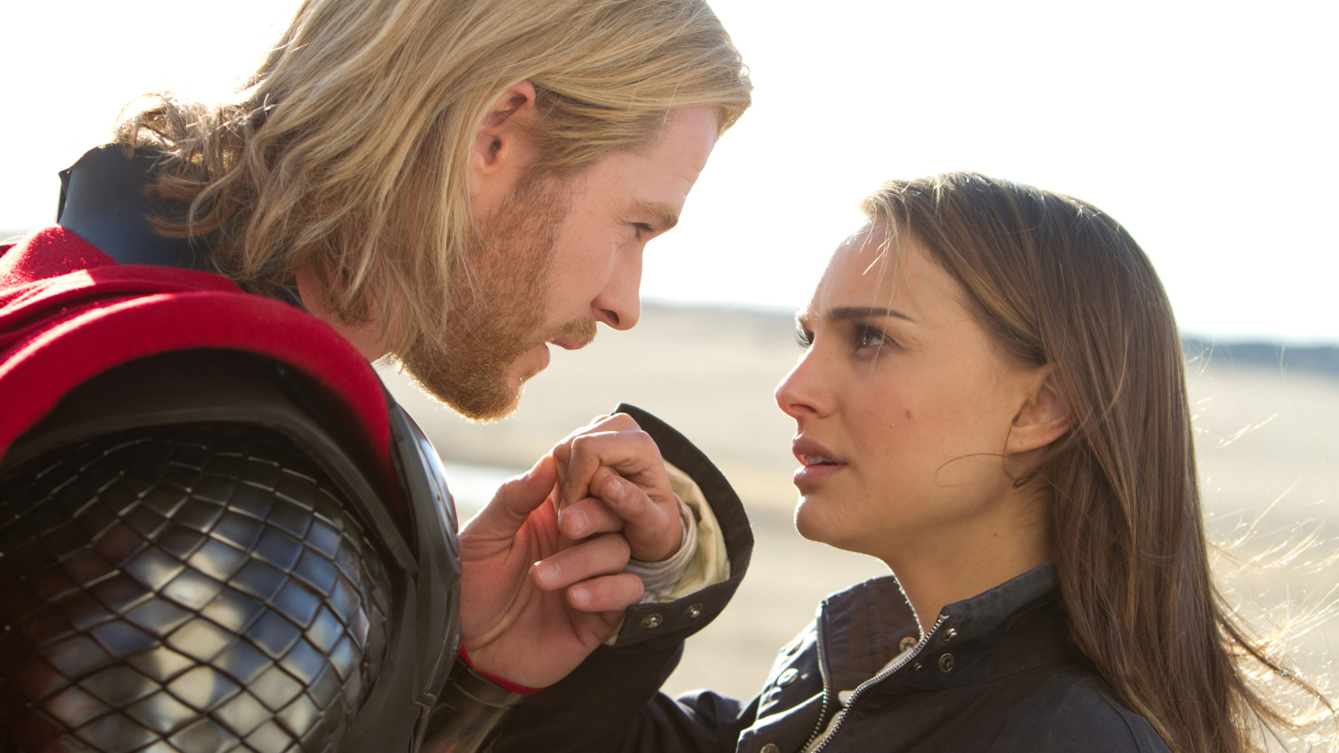 Screenshot from the 2011 sci-fi super hero movie "Thor" showing Chris Hemsworth as Thor and Natalie Portman as Jane Foster.