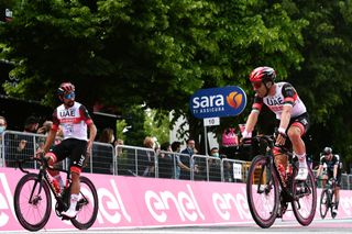 NOVARA ITALY MAY 09 Fernando Gaviria Rendon of Colombia Maximiliano Ariel Richeze of Argentina and UAE Team Emirates disappointment at arrival during the 104th Giro dItalia 2021 Stage 2 a 179km stage from Stupinigi Nichelino to Novara girodiitalia Giro UCIworldtour on May 09 2021 in Novara Italy Photo by Stuart FranklinGetty Images