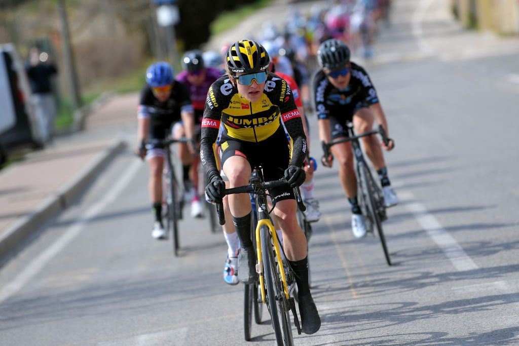 SIENA ITALY MARCH 06 Teuntje Beekhuis of The Netherlands and Team Jumbo Visma during the Eroica 7th Strade Bianche 2021 Womens Elite a 136km race from Siena to Siena Piazza del Campo Breakaway StradeBianche on March 06 2021 in Siena Italy Photo by Luc ClaessenGetty Images