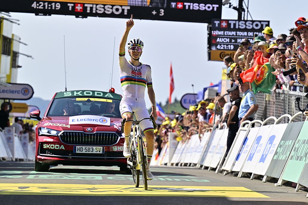 Slovenian Tadej Pogacar of UAE Team Emirates celebrates after winning stage 12 of the 2025 Tour de France cycling, from Auch to Hautacam (181 km), on Thursday 17 July 2025 in France. The 112th edition of the Tour de France starts on Saturday 5 July in Lille, France, and will finish in Paris, France on the 27th of July. BELGA PHOTO DIRK WAEM (Photo by DIRK WAEM / BELGA MAG / Belga via AFP)