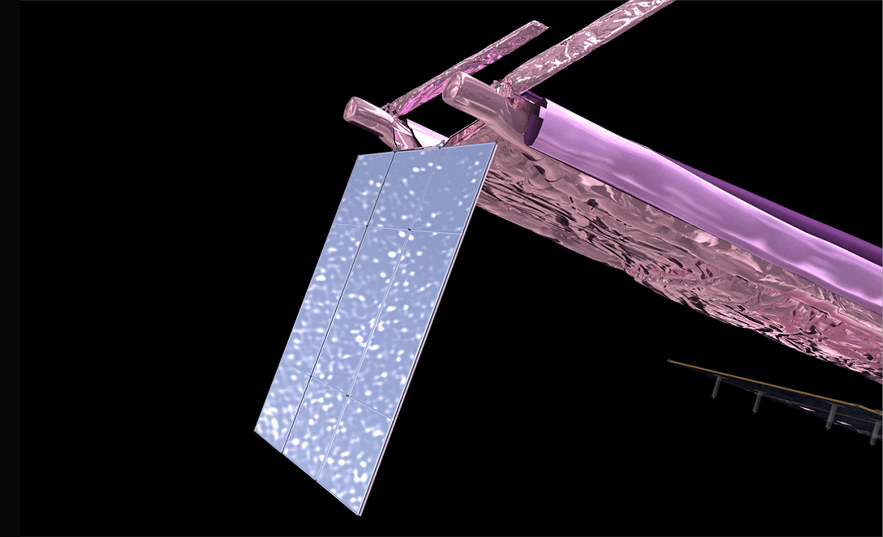 The aft momentum flap of the James Webb Space Telescope (bottom left) is seen in its deployed configuration in this NASA graphic.