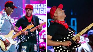 Buddy Guy (left) and Tom Morello perform onstage, Tom Morello plays Buddy Guy's spotted Strat onstage at the Best of Blues and Rock Festival 2023 in São Paulo, Brazil