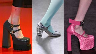 a composite of the fall winter shoe trends Mary Janes on the runway