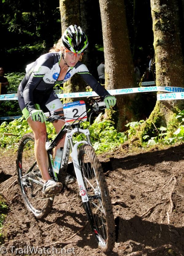 Willow Koerber (Subaru-Trek) credited her tires for helping to ride the mud and roots