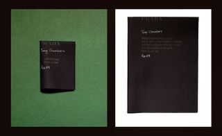 Invitation with rectangular piece of black nylon stamped with greyscale text