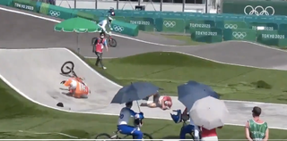 Niek Kimmann crashes on BMX track after colliding with an official crossing the field of play