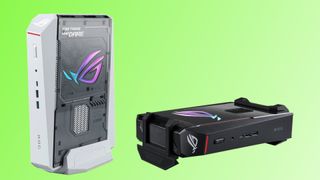 A promotional image for the 2026 Asus ROG NUC 16, showing the two color variations, against a green gradient background