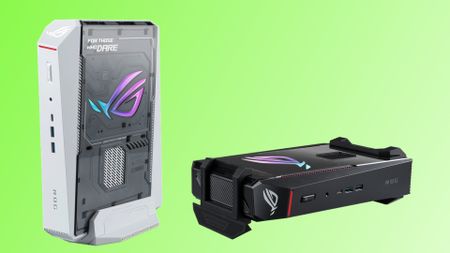 A promotional image for the 2026 Asus ROG NUC 16, showing the two color variations, against a green gradient background