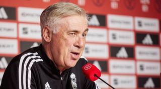 Real Madrid manager Carlo Ancelotti speaks during a press conference ahead of the Copa del Rey final, on May 5, 2023 in Seville, Spain.