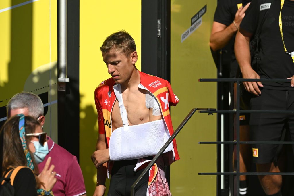 BARCELONNETTE FRANCE JULY 18 Tobias Halland Johannessen of Norway and Team UnoX Mobility injured after being involved in a crash celebrates at podium as most combative rider prize winner during the 111th Tour de France 2024 Stage 18 a 1795km stage from Gap to Barcelonnette 1134m UCIWT on July 18 2024 in Barcelonnette France Photo by Dario BelingheriGetty Images