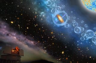 Artist’s rendering of the discovery of the most-distant quasar known. It is surrounded by neutral hydrogen, indicating that it is from the period called the epoch of reionization, when the universe's first light sources turned on.