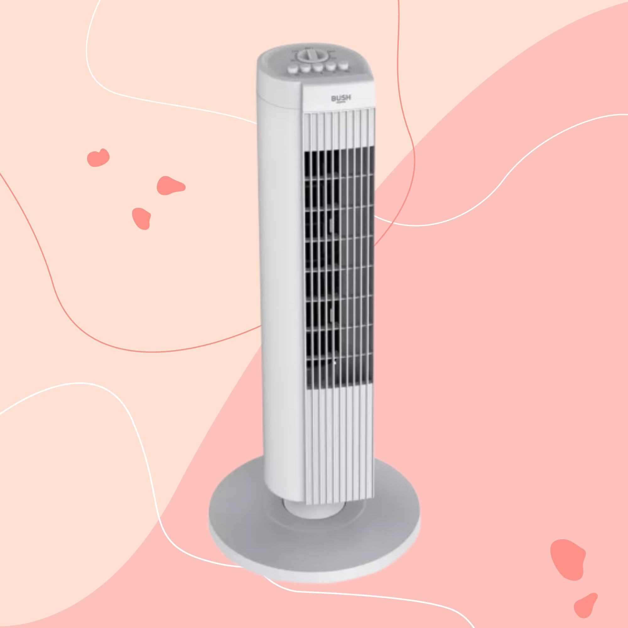 Bush white tower fan on pink background.