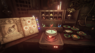 Mixing alchemical concoctions in the lab of Escape First Alchemist.