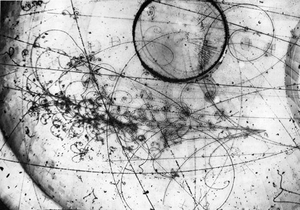 Bubble chamber tracks like this one display the motions of electrically-charged particles as they move through a superheated liquid. The ICARUS team used a bubble chamber to study radiation (or lack thereof) from a beam of neutrinos at Gran Sasso National