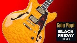 A photo of a D'Angelico Excel DC XT semihollow electric guitar