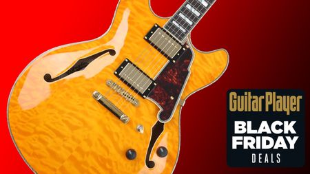 A photo of a D'Angelico&nbsp;Excel DC XT semihollow electric guitar