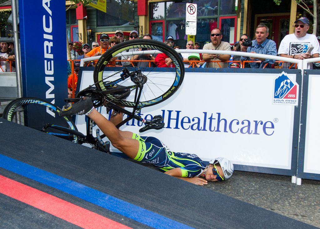 Krista Doebel-Hickok (TIBCO) falls off the start ramp