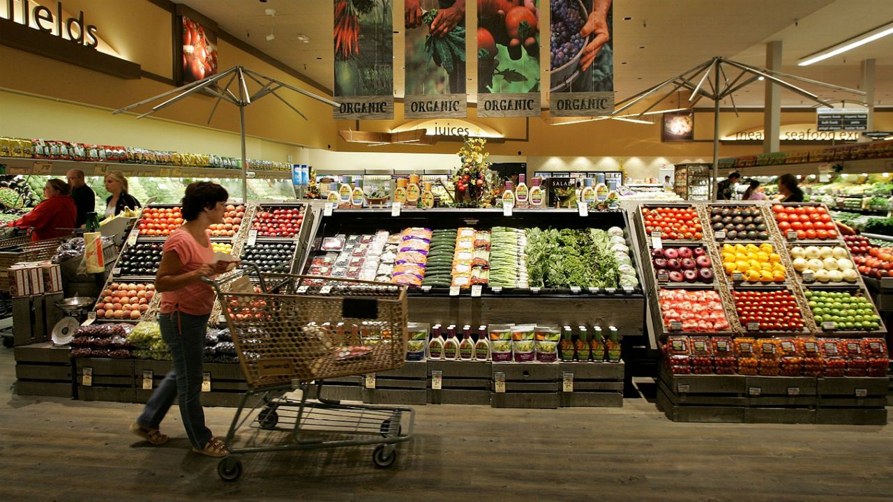 A shopper pushes their trolley in a supermarket 