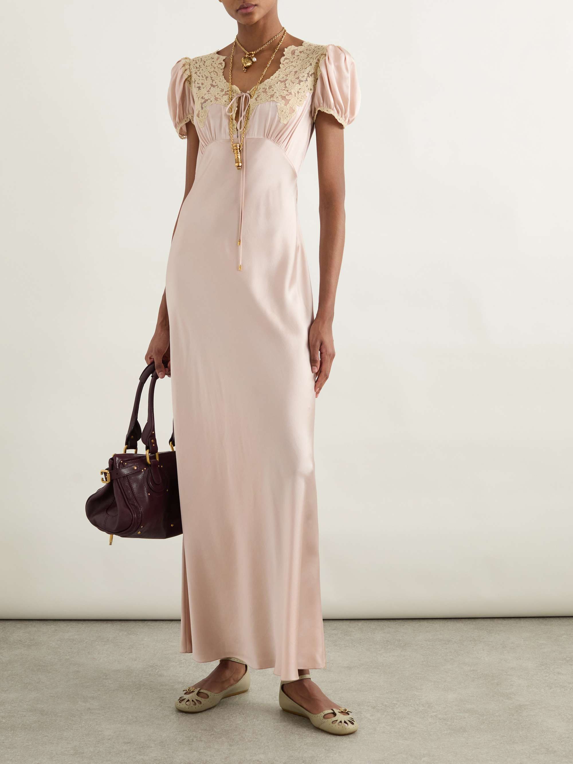 Lace-Trimmed Silk-Satin Gown