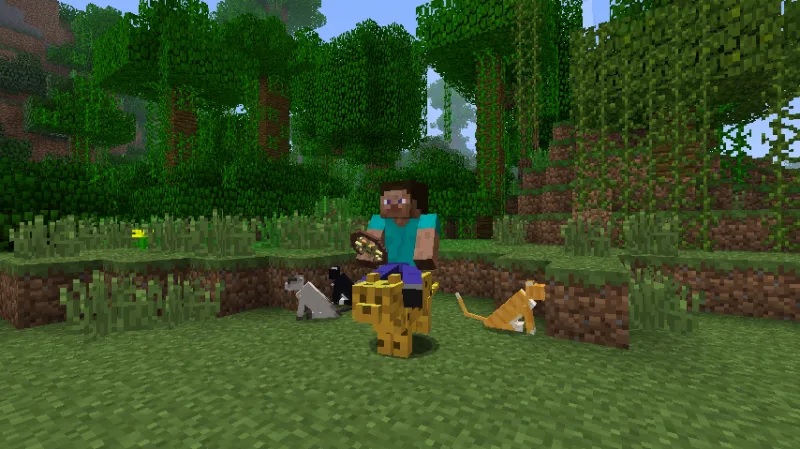 Minecraft mods - Animal bikes - A player riding on a cheetah in a Minecraft jungle