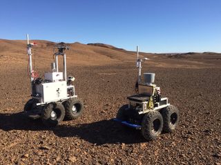 The Mana and Minnie rovers were brought to the PERASPERA field test by a team from France's Laboratory for Analysis and Architecture of Systems, LAAS. The two rovers work together as a team to survey their environment.