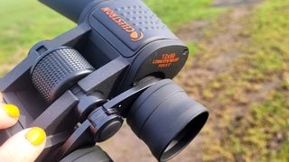 Celestron SkyMaster 12x60 showing the long eye relief and the pimpled rubber coating for extra grip