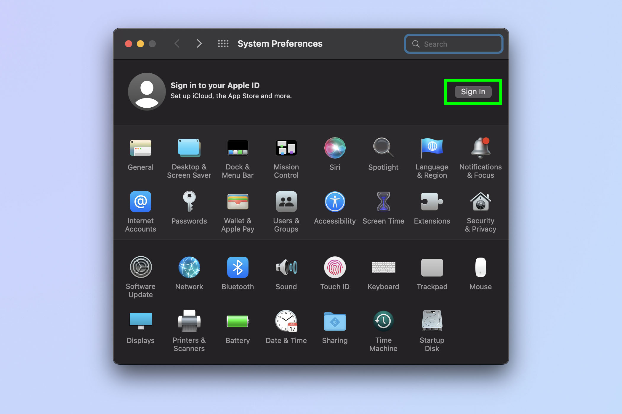Снимок экрана, показывающий, как найти свой Apple ID на Mac, который вышел из системы