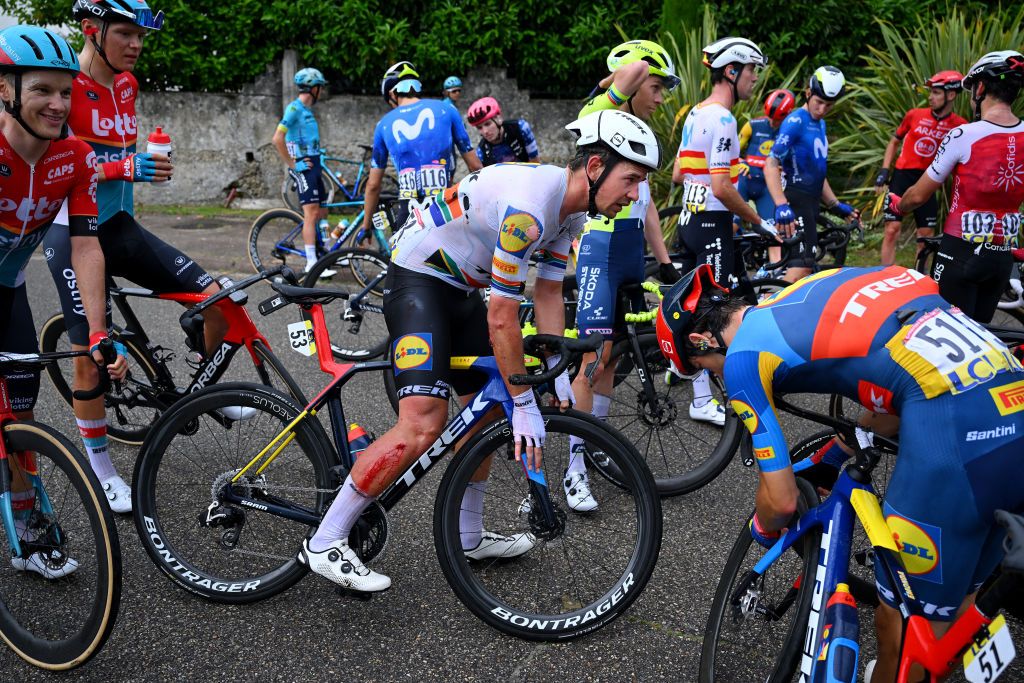 BOISSETSAINTPRIEST FRANCE JUNE 06 Ryan Gibbons of South Africa and Team Lidl Trek and the peloton waiting after the neutralization of the race due to a multiple fall during the 76th Criterium du Dauphine 2024 Stage 5 a 167km stage from Amplepuis to SaintPriest UCIWT on June 06 2024 in BoissetSaintPriest France Photo by Dario BelingheriGetty Images