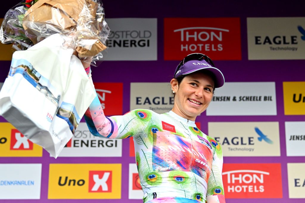 HADERSLEV DENMARK AUGUST 27 Elise Chabbey of Switzerland and Team CanyonSram Racing celebrates at podium as Polka dot Mountain Jersey winner during the 9th Tour of Scandinavia 2023 Battle Of The North Stage 5 a 1439km stage from Middelfart to Haderslev UCIWWT on August 27 2023 in Haderslev Denmark Photo by Luc ClaessenGetty Images
