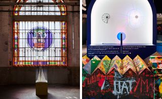 The colourful exhibition design including the faux stained glass windows