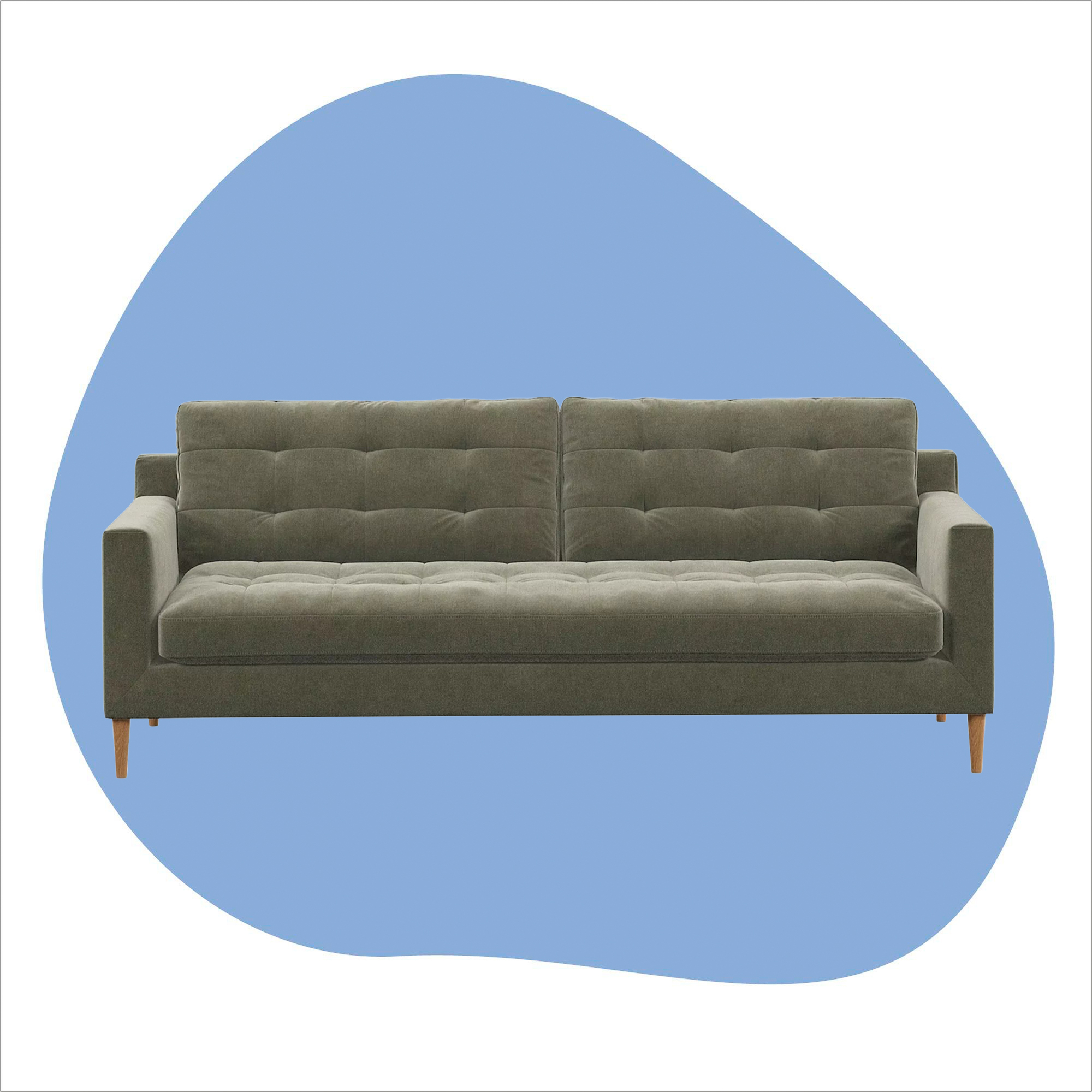 John Lewis Draper II Large 3 Seater Sofa in Soft Chenille Moss Green on a white and blue background