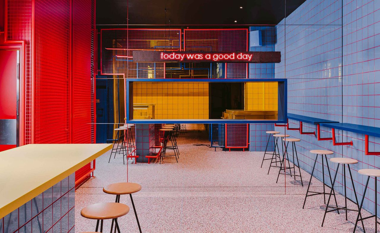 Biggy restaurant in Wroclaw, Poland with bright primary coloured fixture and fittings