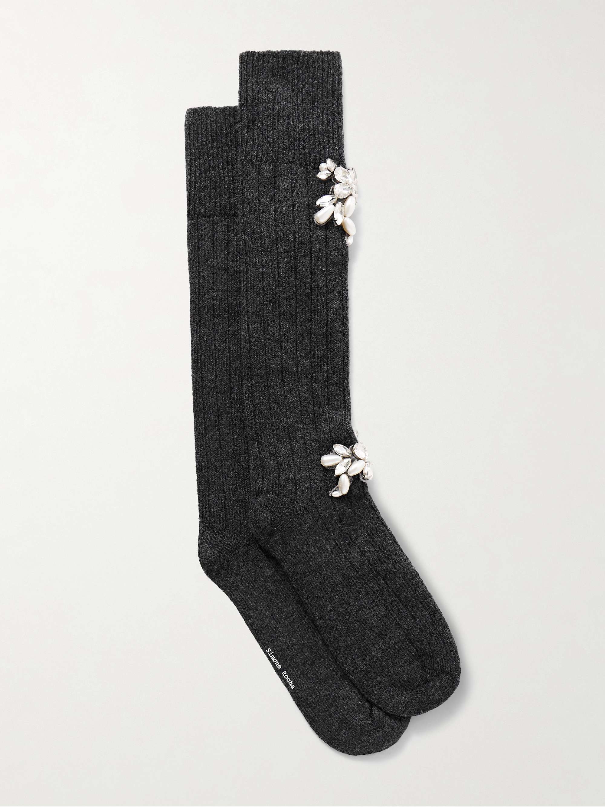 Embellished Ribbed Wool-Blend Knee Socks