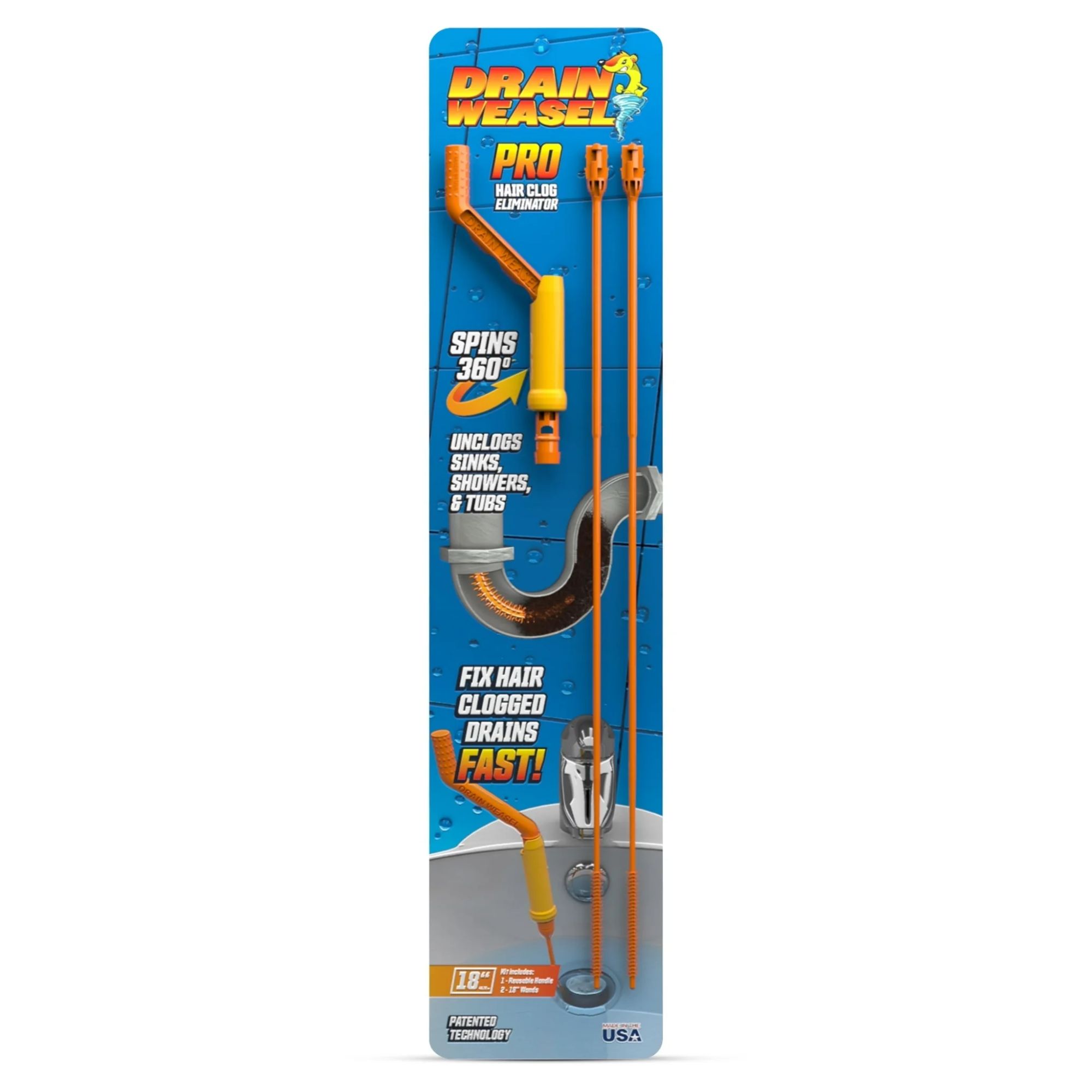 Orange drain weasel in blue cardboard packaging