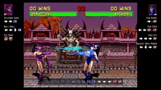 Mileena fights Kitana in the Legacy Kollection, with movelists displayed on the sides of the screen