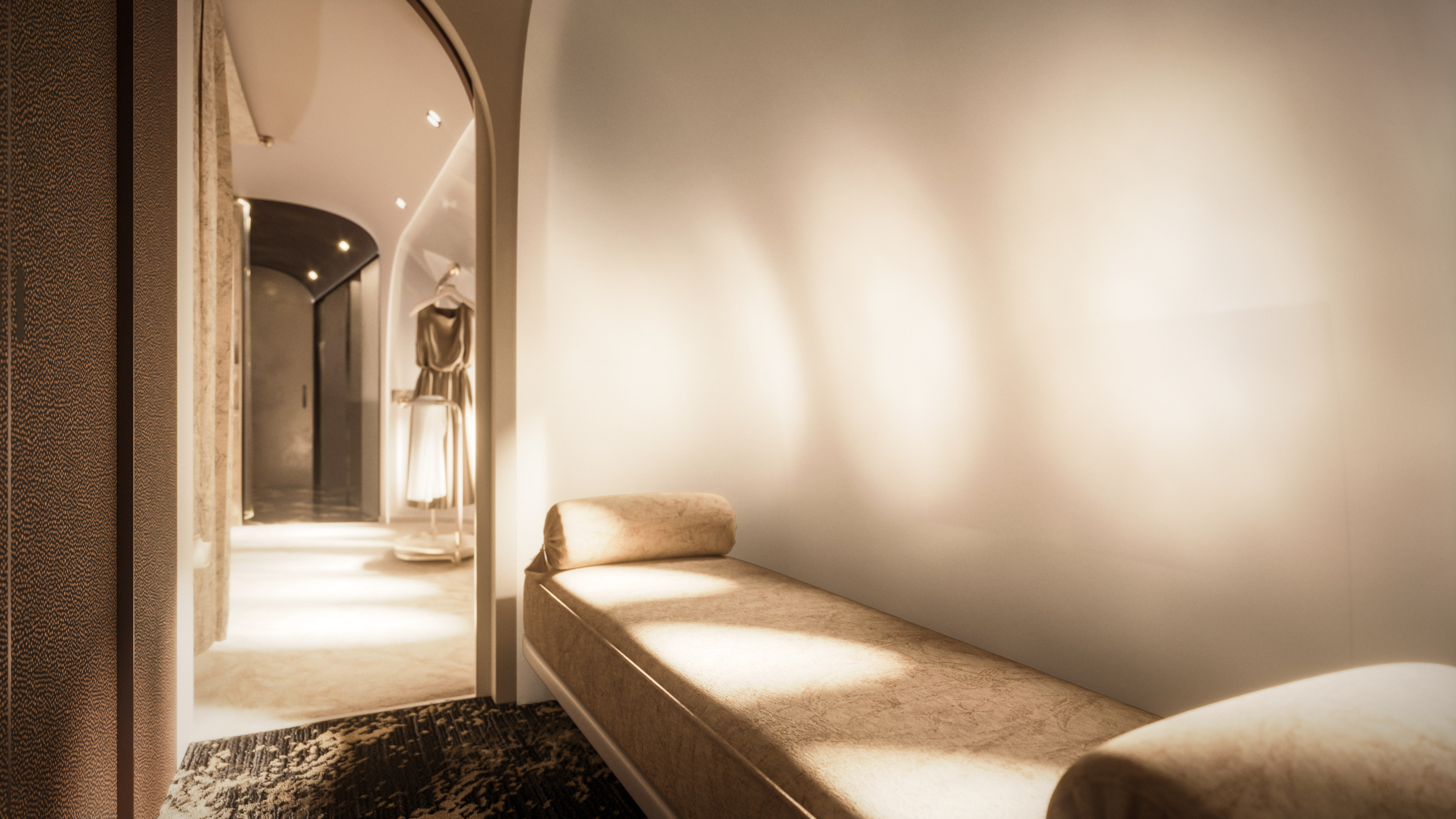 A corridor aboard the aircraft, leading to the office space