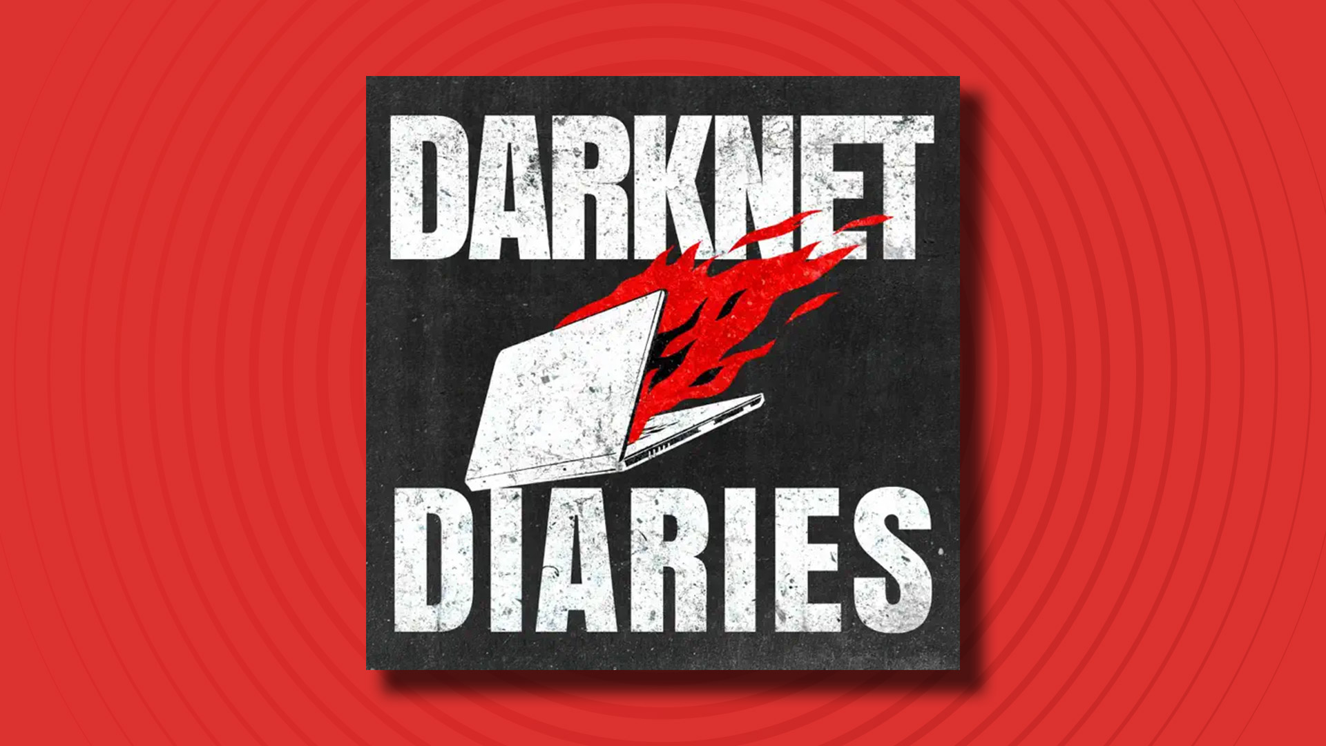 The logo of the Darknet Diaries podcast on a red background