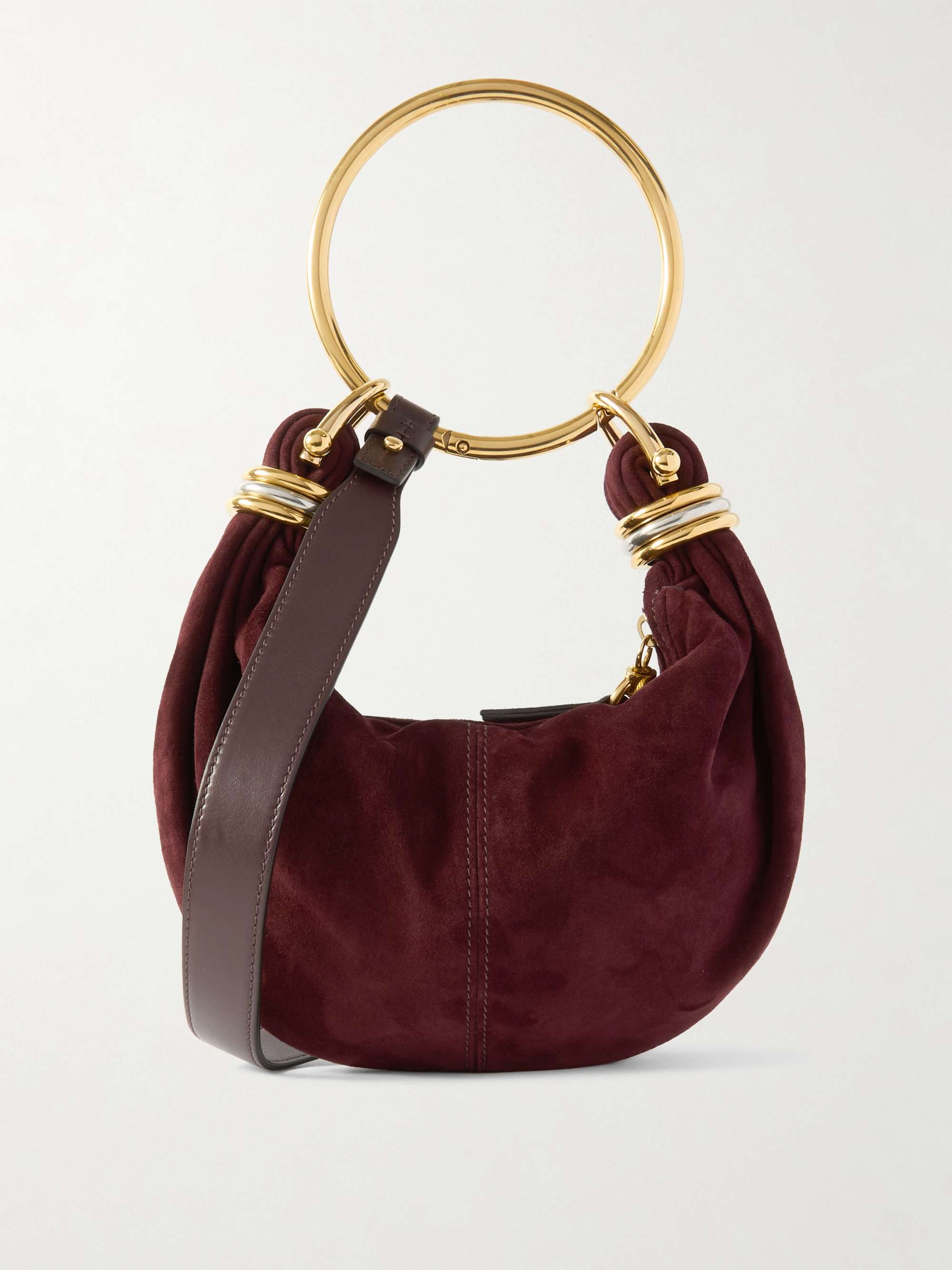Bracelet Embellished Leather-Trimmed Suede Shoulder Bag