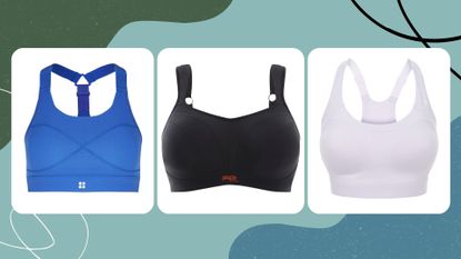 Three of the best sports bras from Sweaty Betty, Panache, and GymShark laid out on colorful background with shapes