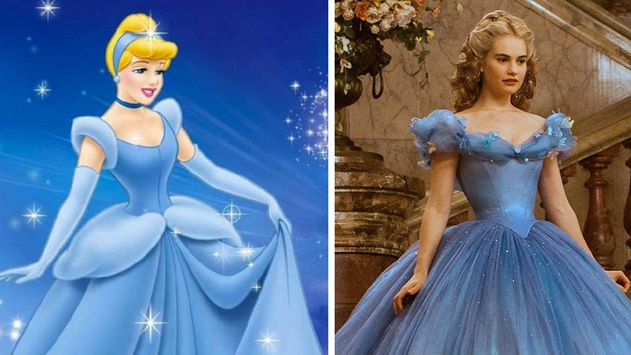 A side by side comparison of a cartoon and real life depiction of Cinderella.