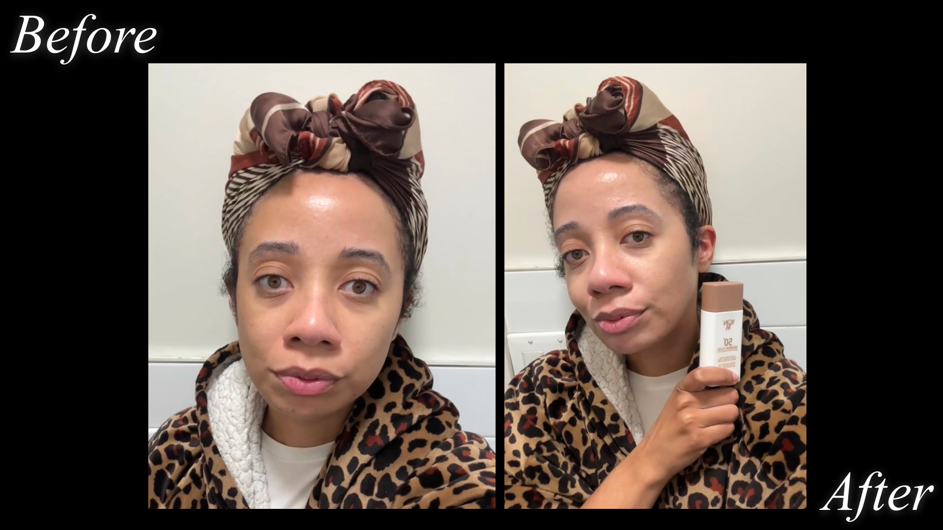a woman in a headwrap and leopard hoodie