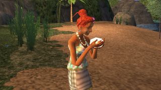 The Sims 2 Castaway for PS2 promotional screenshot of a woman eating coconut on a sandy beach on a desert island