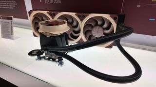 A photo of Noctua's collaboration with Asetek, an AIO liquid cooler, as displayed at Computex 2025