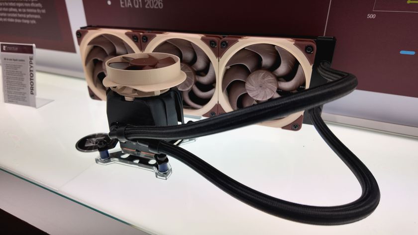 A photo of Noctua's collaboration with Asetek, an AIO liquid cooler, as displayed at Computex 2025