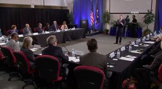 NASA Administrator Jim Bridenstine briefing the NASA Advisory Council at a 2018 meeting. The council is one of a dozen advisory groups the agency currently has, but an executive order could lead it to close several of them.